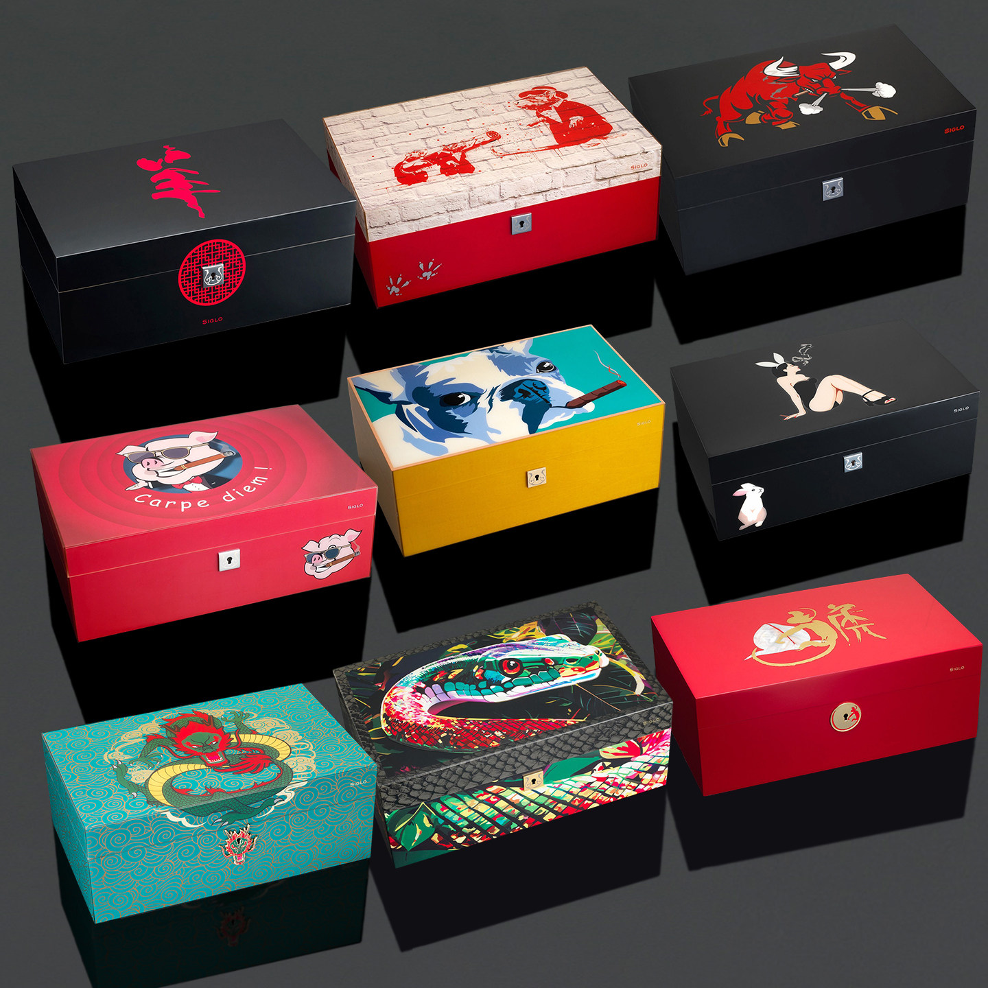 Siglo世纪生肖系列雪茄盒75支装 实木雪松木雪茄保湿盒超厚钢琴漆