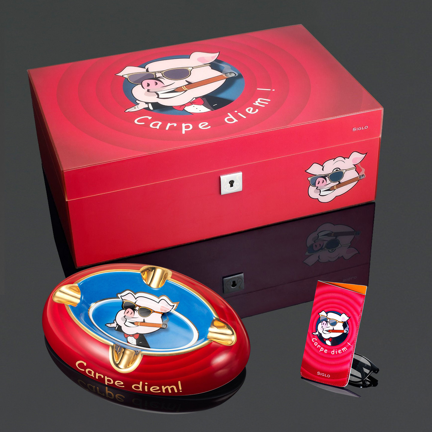 Siglo世纪猪年生肖系列实木雪茄保湿盒陶瓷烟灰缸牛皮眼镜保护套