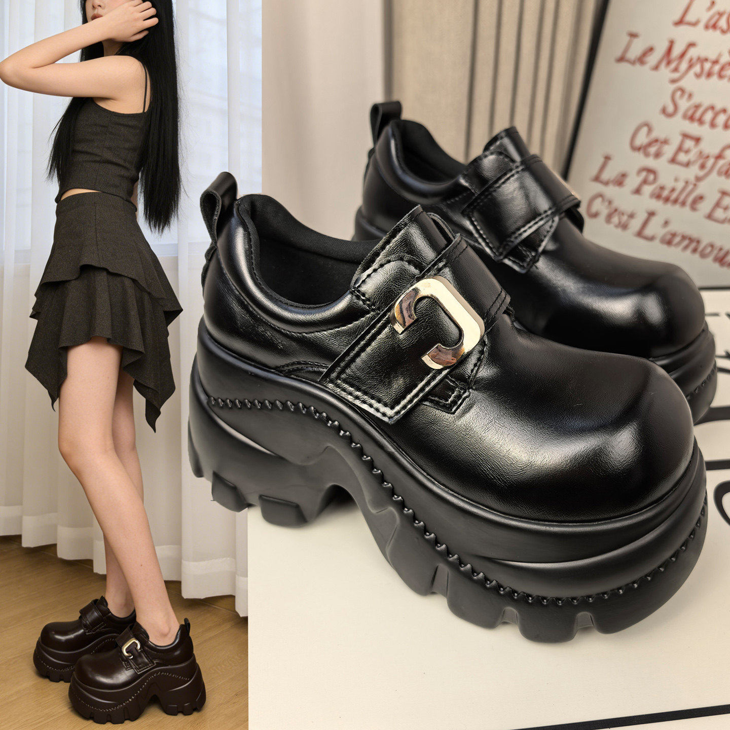 2026春季新款8cm内增高女鞋厚底小个子小皮鞋百搭大头乐福鞋单鞋