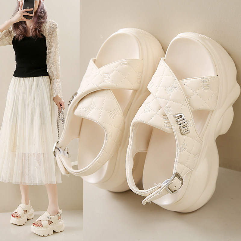 2025夏季新款8cm内增高凉鞋厚底高跟运动凉鞋女百搭显瘦松糕凉鞋