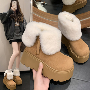 2025冬季 7cm内增高靴子厚底加绒雪地靴百搭翻边保暖短靴棉靴 新款