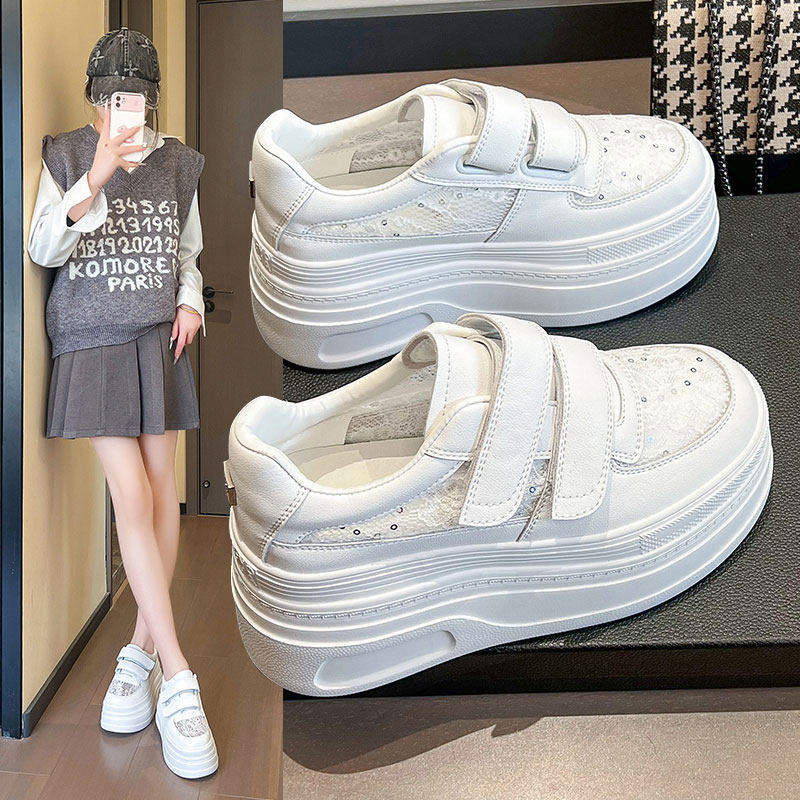 2025夏季新款8cm内增高女鞋厚底魔术贴透气小白鞋百搭运动休闲鞋