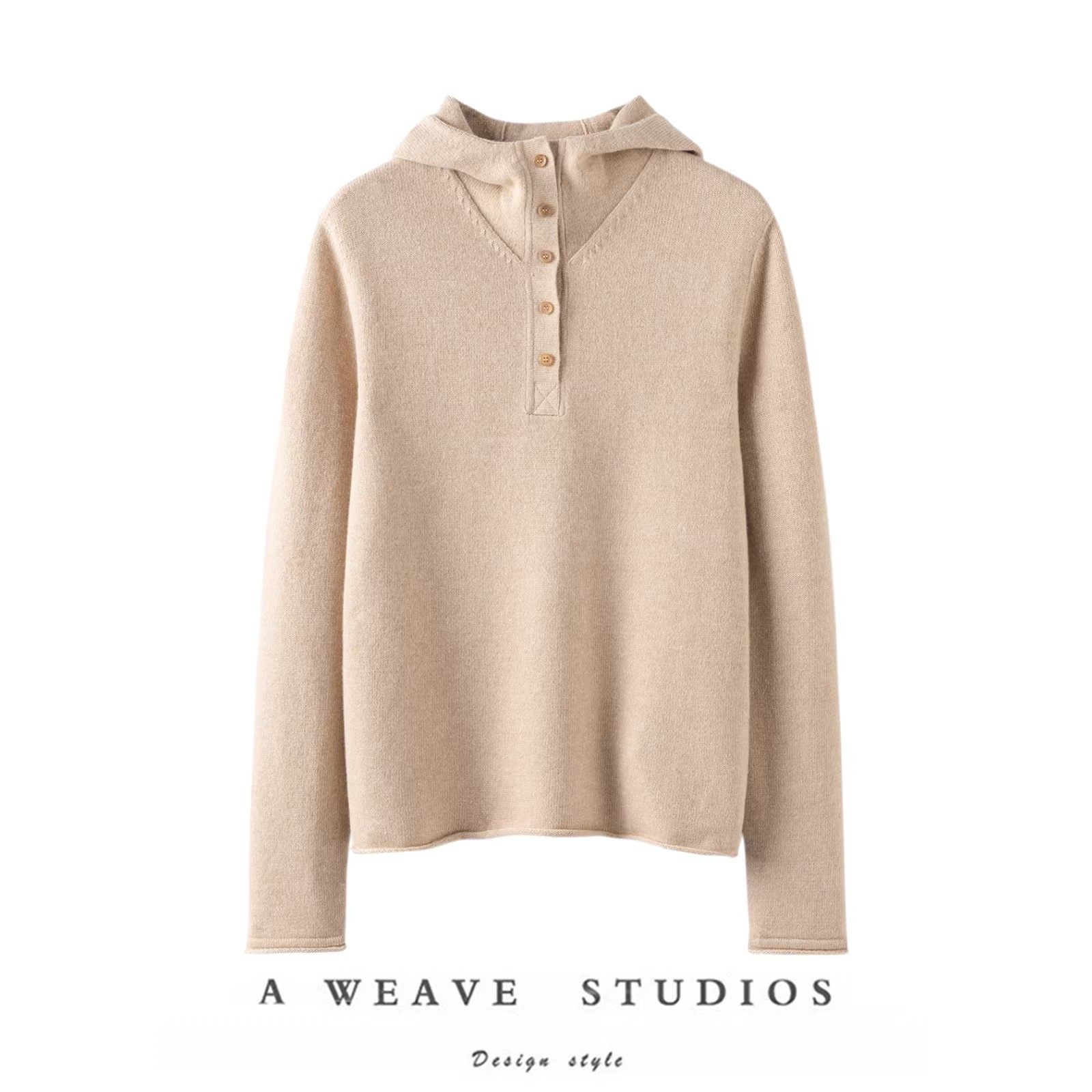 SAQINI超高细度纯羊绒 松弛随性多纽扣半开襟连帽亨利领针织上衣,女装/女士精品,羊绒衫,淘宝优惠券,粉丝福利购,淘宝优惠卷