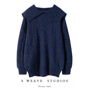 爱上意大利!绞花海军风大翻领羊绒衫女中长款纯羊绒毛衣宽松加厚