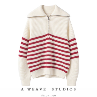 巴黎海魂条~海军领/高领 套头纯羊绒衫女秋冬条纹针织羊绒毛衣