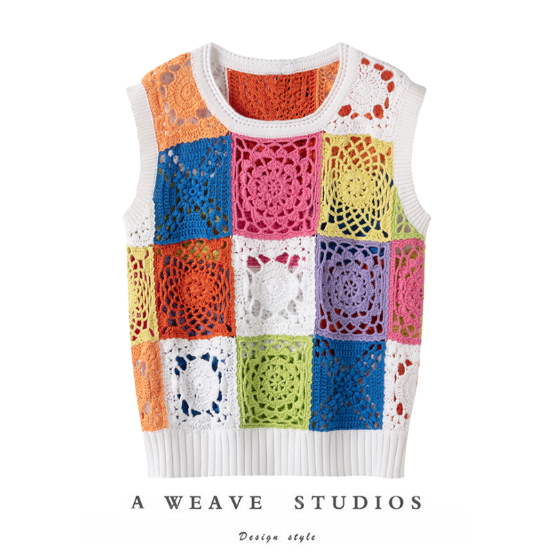 手钩花针织背心夏新品撞色拼接