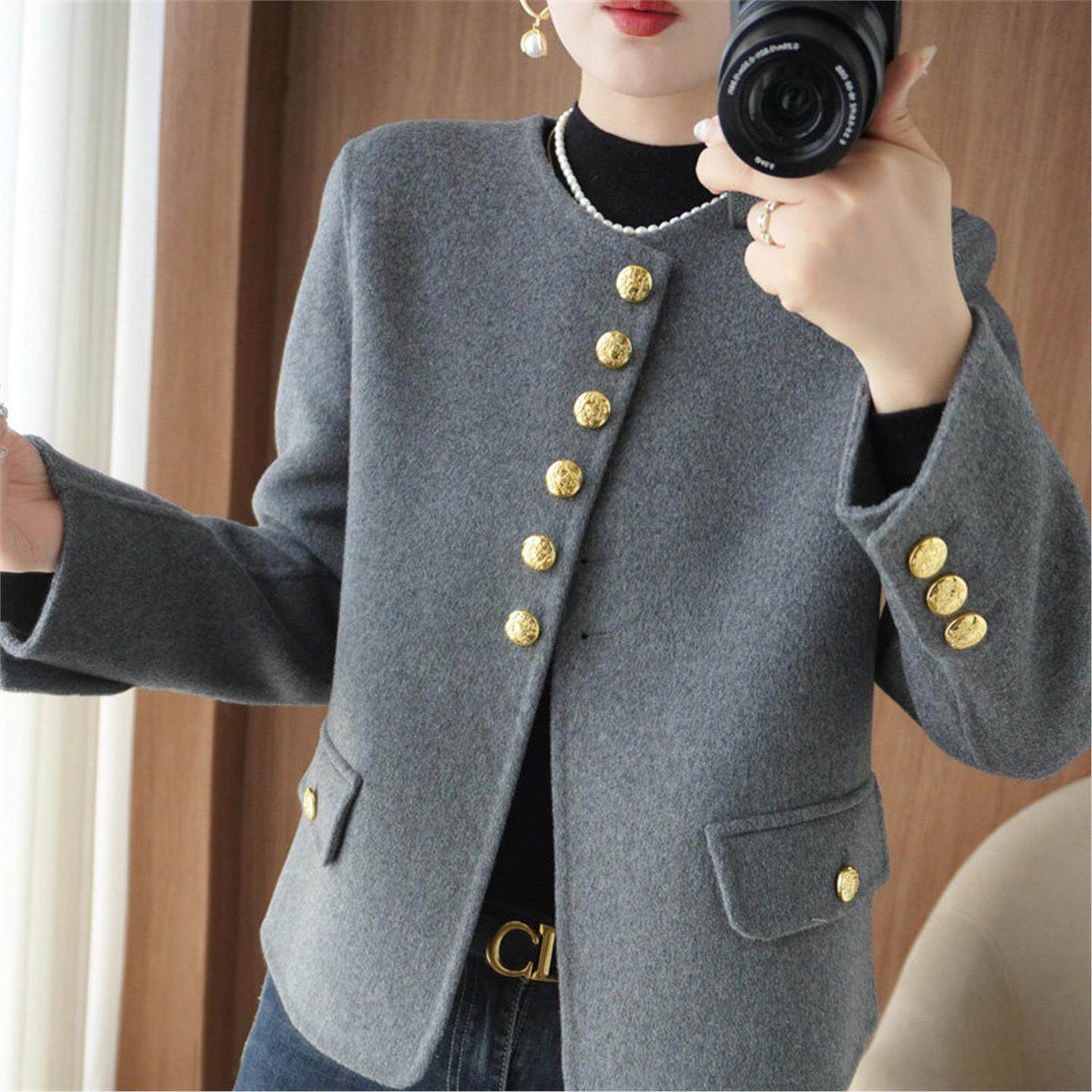 秋冬高级感小个子短款羊毛毛呢外套新款圆领双面羊绒大衣灰色上衣