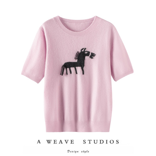 小马流苏!2025早春新款山羊绒衫女短袖五分袖毛衣圆领打底针织衫