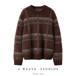 开衫 穿过秒爱 高端纯羊绒拉毛复古格纹氛围感艺术提花圆领毛衣