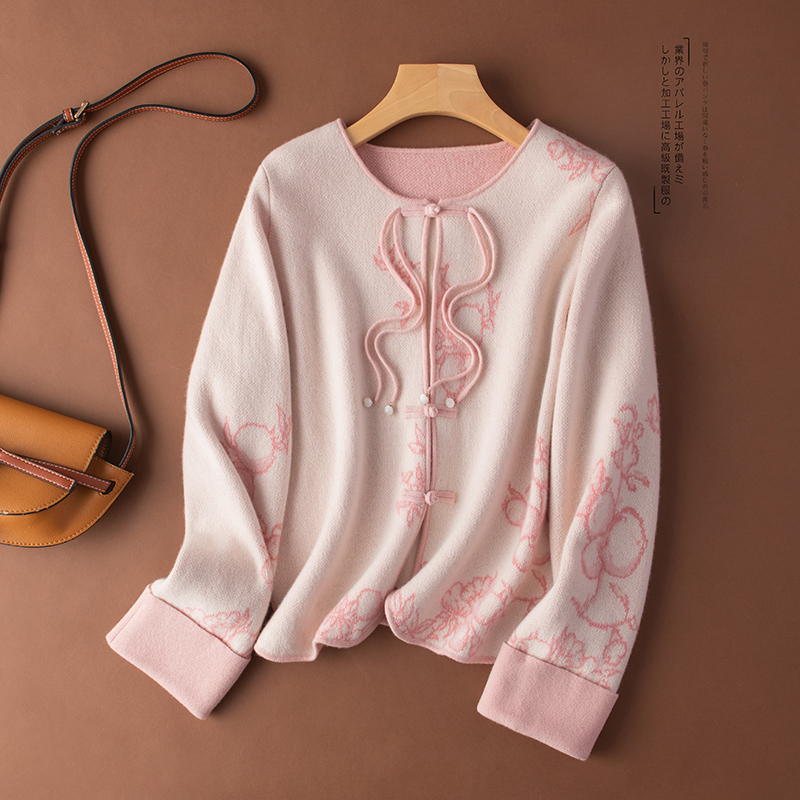 素雅国风~100%纯山羊绒开衫女盘扣秋冬新品加厚保暖针织毛衣外套