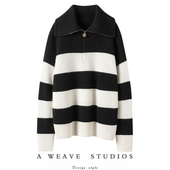 上身尽显好身材 慵懒风时髦设计感POLO领撞色拉链纯羊绒条纹毛衣