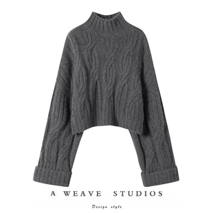 简约而别致~2025新款半高领短款毛衣女加厚外穿宽松慵懒风针织衫