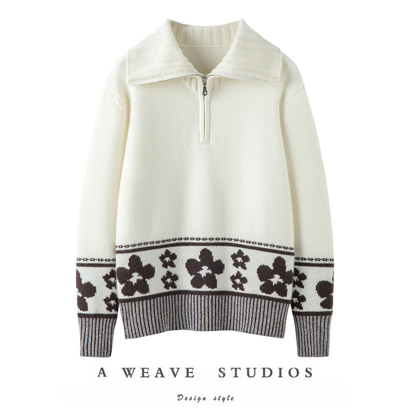 氛围感穿搭！100%纯山羊绒花朵费尔岛风格拉链翻领针织羊绒毛衣女,女装/女士精品,羊绒衫,淘宝优惠券,粉丝福利购,淘宝优惠卷