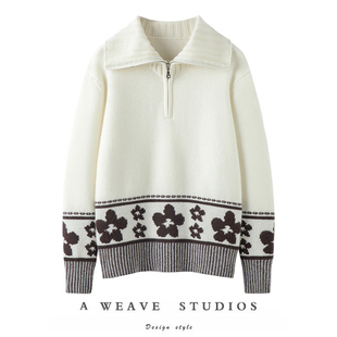 氛围感穿搭！100%纯山羊绒花朵费尔岛风格拉链翻领针织羊绒毛衣女