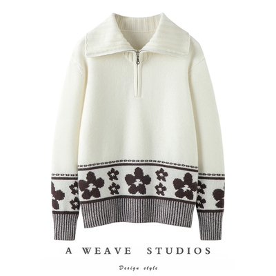 氛围感穿搭！100%纯山羊绒花朵费尔岛风格拉链翻领针织羊绒毛衣女