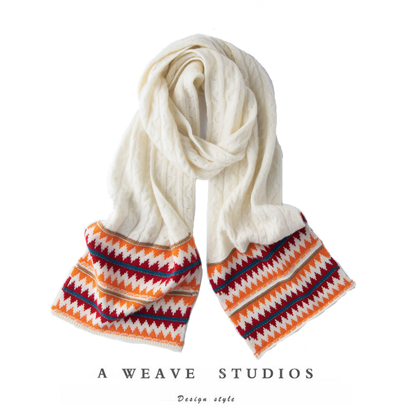 萨琪尼&ldquo;冰雪奇缘&rdquo;100%纯山羊绒费尔岛圣诞节拼接针织羊绒围巾