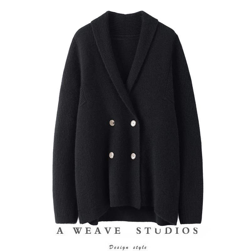 双排扣纯羊绒开衫女外