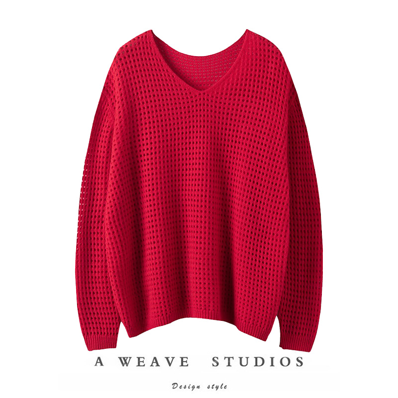 搭配零难度！V领羊绒衫女镂空纯山羊绒毛衣宽松罩衫空调衫