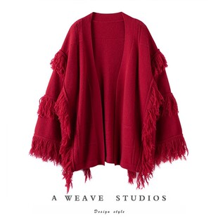 女中长款 羊绒开衫 纯羊绒外套 大克重加厚流苏阔袖 新年战袍