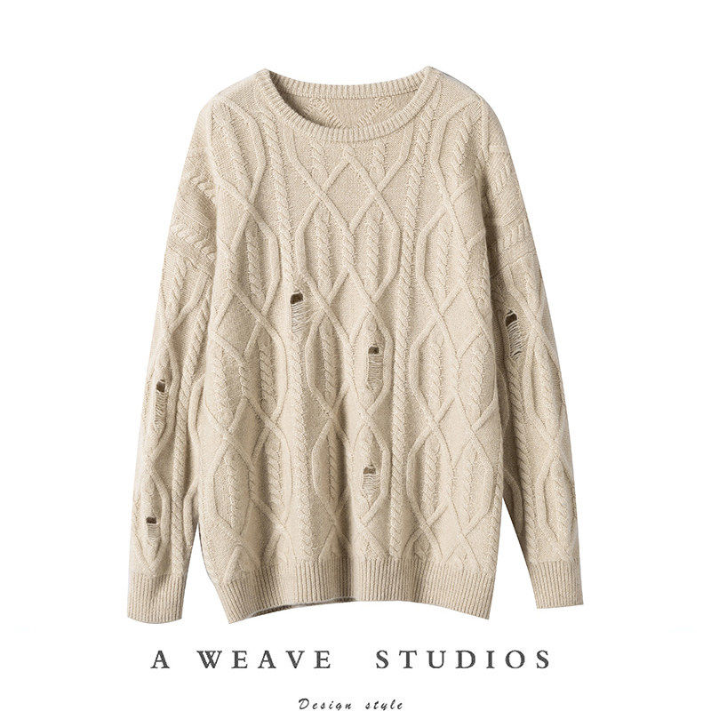 温柔气质很迷人~宽松破洞绞花羊绒衫女圆领加厚纯羊绒针织毛衣,女装/女士精品,羊绒衫,淘宝优惠券,粉丝福利购,淘宝优惠卷
