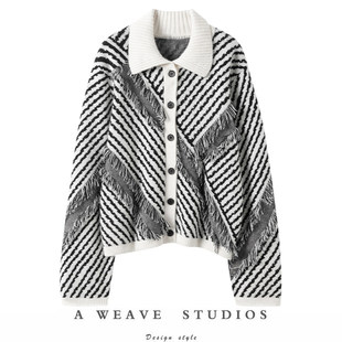 梦境微醺~POLO领羊绒开衫女2025黑白条纹100纯羊绒双提宽松针织衫