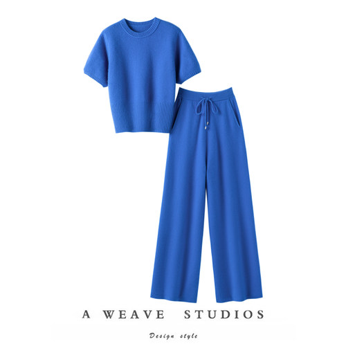 萨琪尼实至名归!加厚圆领100纯山羊绒衫女短袖毛衣针织直筒阔腿裤