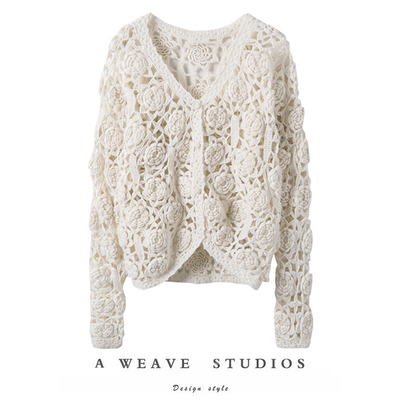 纯手工钩花100%纯山羊绒宽松气质镂空毛衣针织开衫女冬