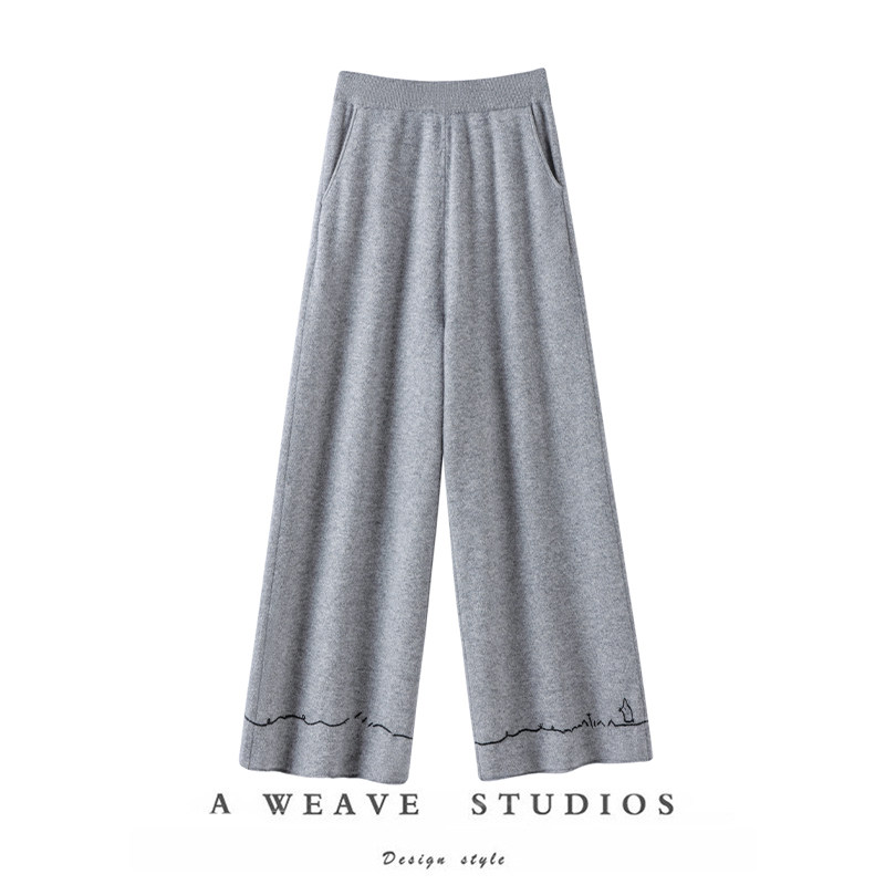 萨琪尼官方正品~联名款小兔子100%山羊绒针织裤子直筒阔腿裤