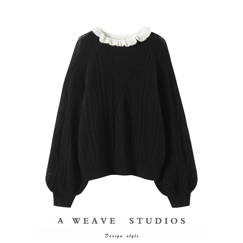 绞花百分百羊绒毛衣复古黑白
