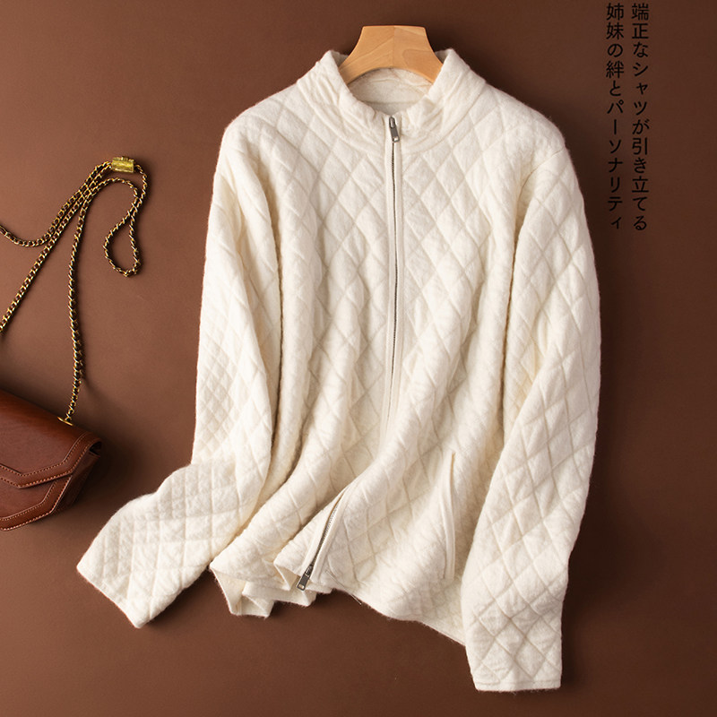秋冬BI备~baby山羊绒开衫女立领拉链肌理感棉服宽松加厚毛衣外套