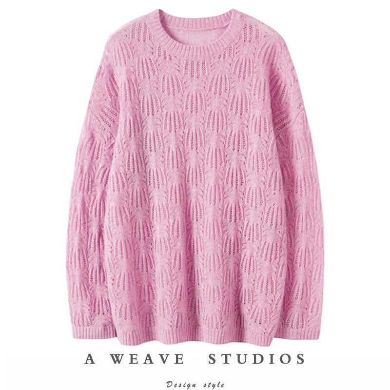 内涵美到心坎~100%纯山羊绒轻奢针织树纹路贝壳薄款镂空圆领毛衣