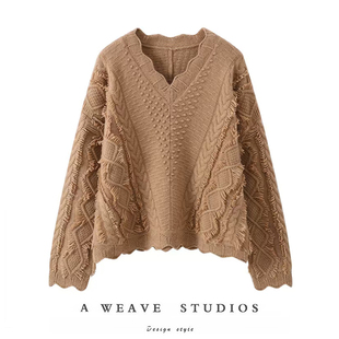 好穿迷倒一片！100纯羊绒衫冬季新款女士V领麻花毛针织套头衫