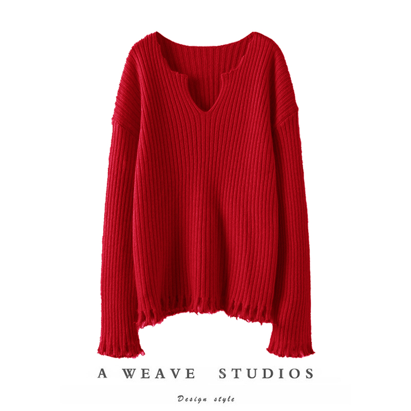 长袖V领慵懒羊绒衫女针织衫上衣