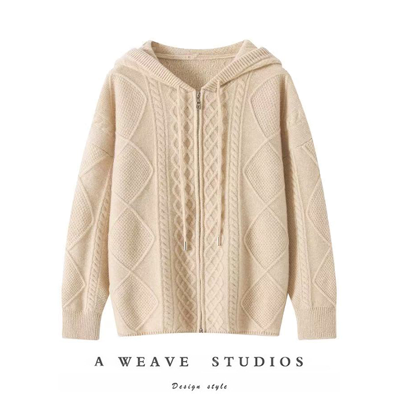 高品质柔软~25年冬季新款女连帽100%山羊绒衫加厚开衫毛衣