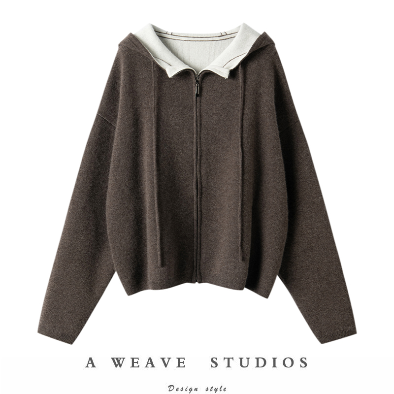 新款连帽羊绒衫拼色100%