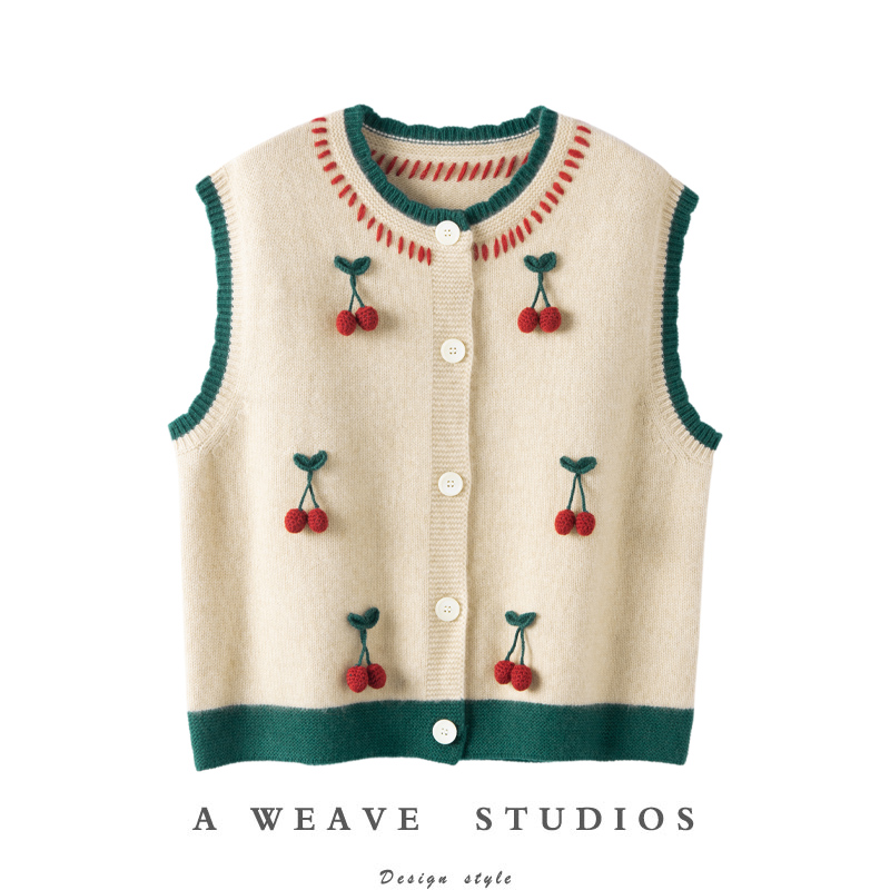 手工立体樱桃羊绒马甲开衫女