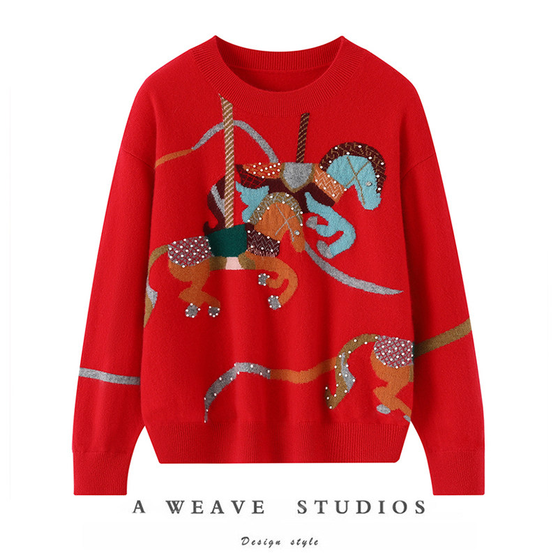 萨琪尼100%纯山羊绒衫女士圆领套头毛衣重工钉珠提花羊绒打底衫,女装/女士精品,羊绒衫,淘宝优惠券,粉丝福利购,淘宝优惠卷