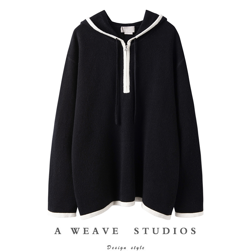 简约撞色拉链连帽宽松针织衫