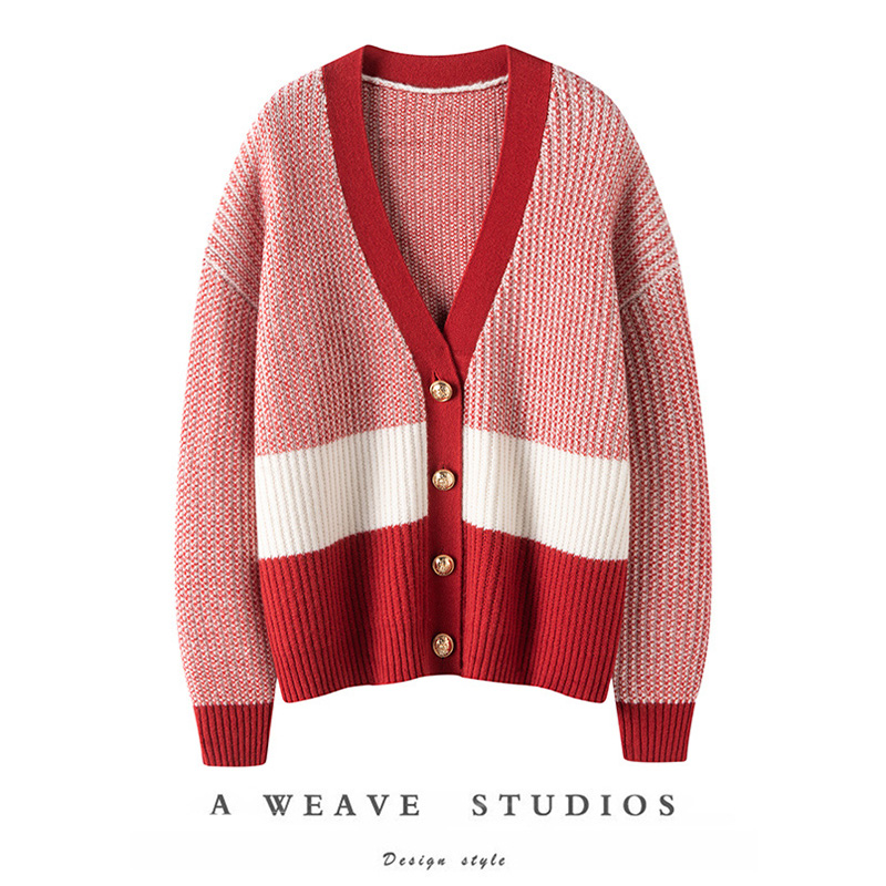 挚爱初见！金扣V领山羊绒开衫女纯羊绒毛衣针织开衫外套宽松加厚