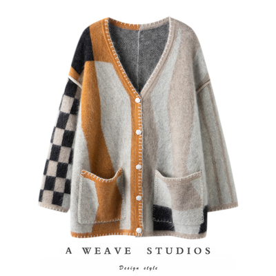 复古撞色V领纯山羊绒针织开