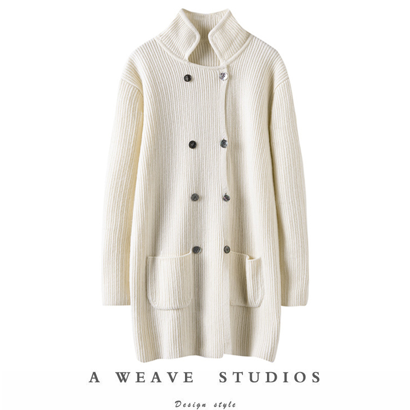双排扣加厚羊绒开衫女中长款