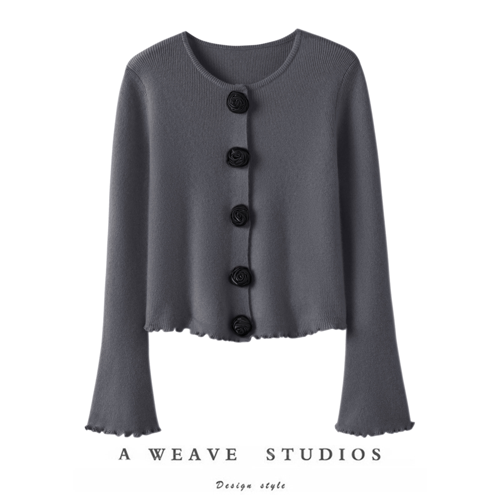 实至名归！花朵纽扣100%纯山羊绒开衫女纯羊绒毛衣针织开衫短外套