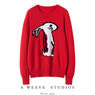 2025秋冬新款明星同款少女毛衣纯山羊绒衫浅紫色小白兔子动物图案