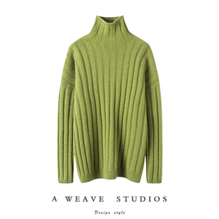 上身出气质 男女草绿色粗坑条重磅山羊绒粗棒针织加厚短高领毛衣