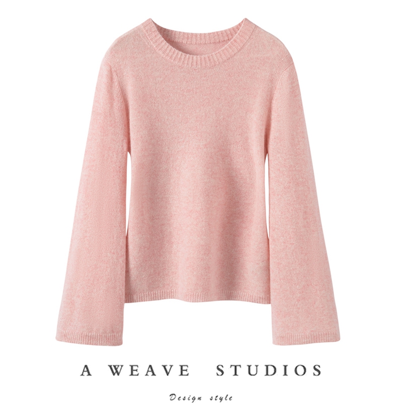 100%纯山羊绒衫女圆领喇叭袖