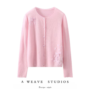 一针一线皆是情愫~100%山羊绒衫圆领针织羊绒开衫外套手工钩花女