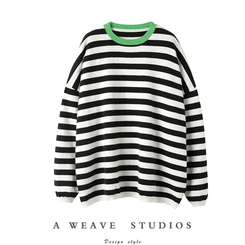 条纹不败！圆领宽松纯羊绒毛衣