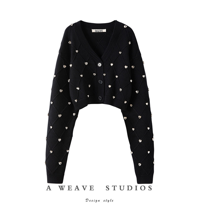 萨琪尼〓绒+〓乳白色菱格提花爱心水钻V领羊绒毛衣开衫25秋冬新款,女装/女士精品,羊绒衫,淘宝优惠券,粉丝福利购,淘宝优惠卷