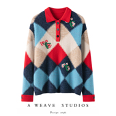 萨琪尼官方冬时尚 菱形格POLO小翻领羊绒衫 女手工刺绣拼色加厚毛衣