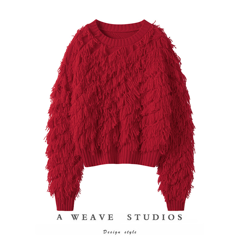 圣诞红毛毛流苏羊绒毛衣